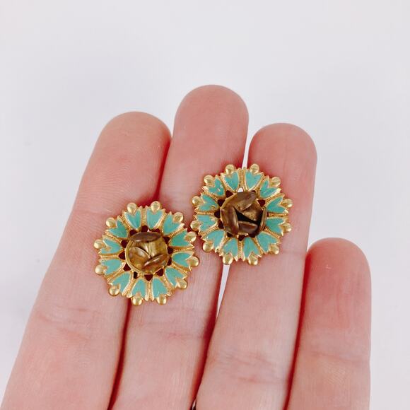 Vintage 1950s Earrings Aqua Enamel Rosebud Screw Back Mid Century Gold Tone - Picture 11 of 11